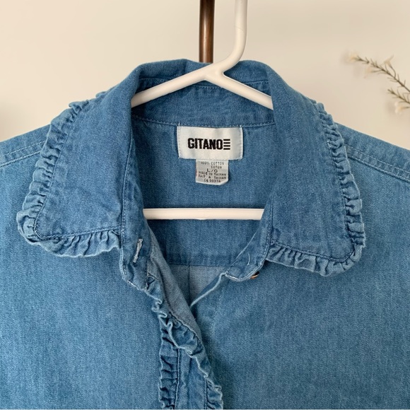 Vintage Gitano Ruffle Button-Front Sleeveless Denim Shirt, Size Large - Picture 4 of 11